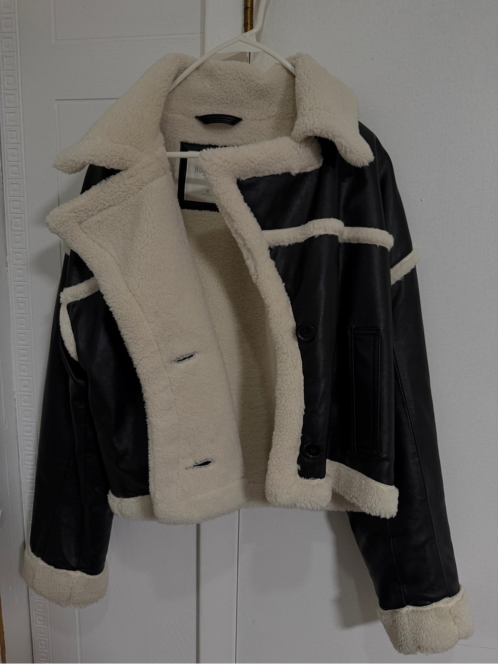 Hollister Black Leather Jacket with Cream Shearling Trim